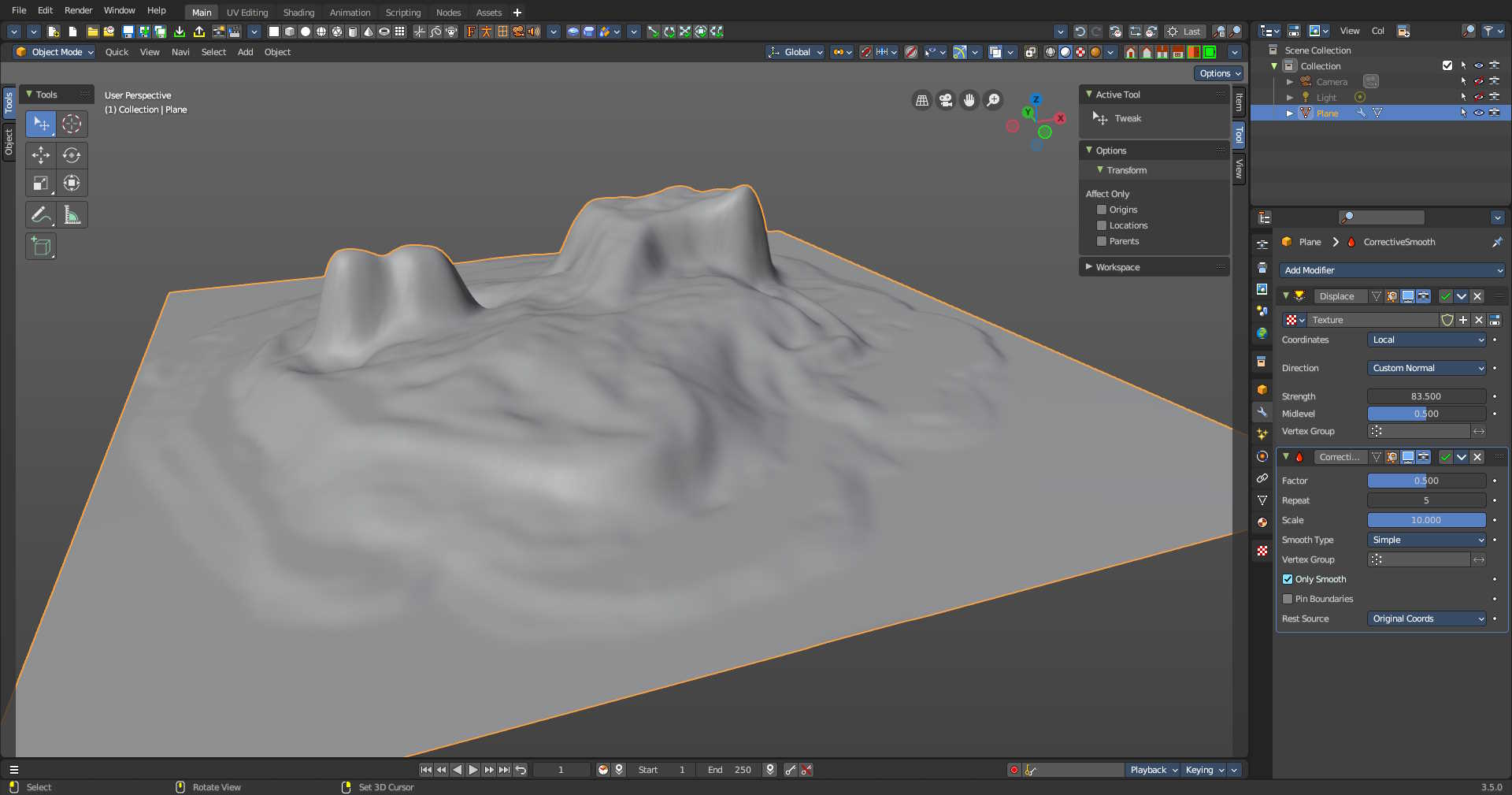 Blender screenshot showing the basic heightmap creating an island. It has a Displace modifier and a Correction modifier.